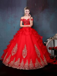 Traditional Off The Shoulder Sleeveless Lace Up Ball Gown Prom Dress Red Tulle