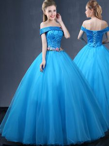 Off the Shoulder Baby Blue Lace Up Quinceanera Gowns Beading and Appliques Sleeveless Floor Length