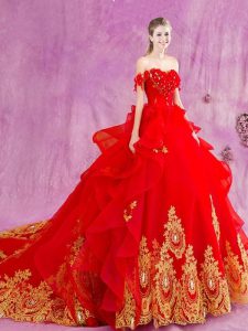 Sophisticated Off the Shoulder Red Tulle Lace Up Ball Gown Prom Dress Sleeveless With Train Court Train Beading and Appl