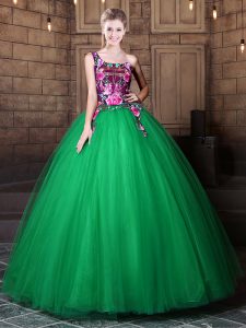 Exceptional Ball Gowns Vestidos de Quinceanera Green One Shoulder Tulle Sleeveless Floor Length Lace Up