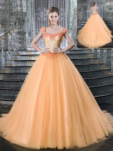 Straps Sleeveless Quinceanera Dress With Brush Train Beading and Appliques Orange Tulle