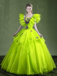Sweetheart Sleeveless 15 Quinceanera Dress Floor Length Appliques and Ruffles Yellow Green Organza