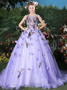 Extravagant Scoop Lavender Sleeveless Brush Train Appliques Quince Ball Gowns