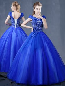 Lovely Royal Blue Lace Up Sweet 16 Quinceanera Dress Lace and Appliques Short Sleeves Floor Length