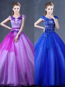 Fashionable V-neck Short Sleeves Organza Ball Gown Prom Dress Lace and Appliques Lace Up
