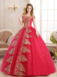 Red Off The Shoulder Lace Up Appliques and Sequins Quinceanera Gowns Sleeveless