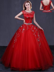 Vintage Scoop Beading and Belt Quinceanera Gowns Red Lace Up Cap Sleeves Floor Length