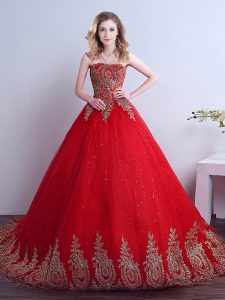 Sequins Court Train Ball Gowns Quince Ball Gowns Red Strapless Tulle Sleeveless Lace Up