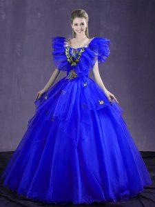 Organza Sleeveless Floor Length Ball Gown Prom Dress and Appliques and Ruffles