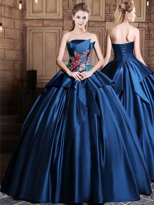 Edgy Strapless Sleeveless Lace Up Ball Gown Prom Dress Navy Blue Satin