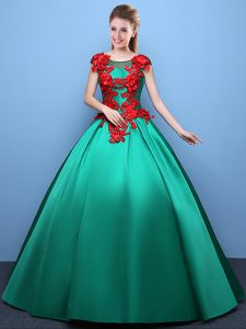Top Selling Scoop Green Cap Sleeves Floor Length Appliques Lace Up 15th Birthday Dress