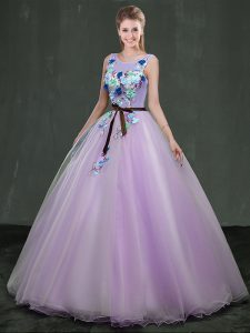 Luxury Lavender 15th Birthday Dress Military Ball and Sweet 16 and Quinceanera and For with Appliques Scoop Sleeveless L