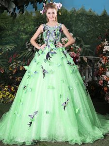 Scoop Ball Gowns Sleeveless Apple Green Quinceanera Dress Brush Train Zipper