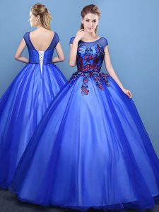 Elegant Royal Blue Quinceanera Gown Military Ball and Sweet 16 and Quinceanera and For with Appliques Scoop Cap Sleeves 