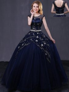Fashion Scoop Floor Length Ball Gowns Cap Sleeves Navy Blue Quinceanera Gown Lace Up