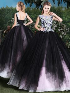Ideal Scoop Pink And Black Sleeveless Appliques and Ruffles Floor Length Quinceanera Gowns