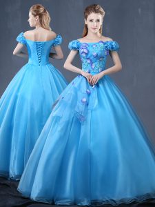 Off the Shoulder Baby Blue Short Sleeves Appliques Floor Length Quinceanera Gown