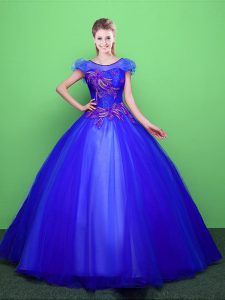 Scoop Floor Length Blue Ball Gown Prom Dress Tulle Short Sleeves Appliques