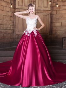 Classical Scoop Ball Gowns Sleeveless Hot Pink Quinceanera Gowns Court Train Lace Up