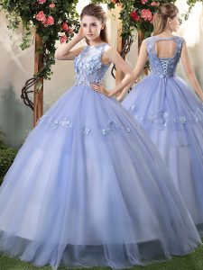 Elegant Tulle Bateau Sleeveless Lace Up Appliques Sweet 16 Quinceanera Dress in Lavender