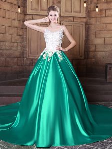 Scoop Turquoise Sleeveless Elastic Woven Satin Court Train Lace Up Sweet 16 Quinceanera Dress for Military Ball and Swee