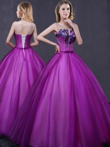 Stunning Scoop Sleeveless Floor Length Beading and Appliques Lace Up Sweet 16 Dresses with Purple
