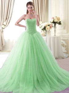 Apple Green Lace Up Sweet 16 Quinceanera Dress Beading Sleeveless With Brush Train