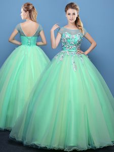 Scoop Apple Green Lace Up Ball Gown Prom Dress Appliques Cap Sleeves Floor Length