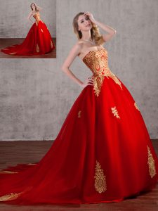 Tulle Strapless Sleeveless Court Train Lace Up Appliques Quinceanera Dresses in Red