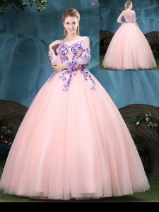 Scoop Long Sleeves Lace Up 15th Birthday Dress Baby Pink Tulle