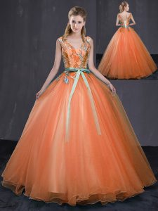 Customized Sleeveless Tulle Floor Length Lace Up Quinceanera Gowns in Orange with Beading and Belt