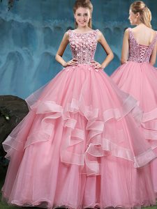 Inexpensive Scoop Baby Pink Tulle Lace Up Quince Ball Gowns Sleeveless Floor Length Lace and Appliques and Ruffles