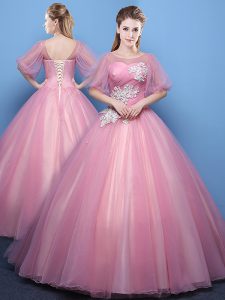 Scoop Half Sleeves Lace Up Quinceanera Dresses Pink Tulle