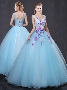 Light Blue Sleeveless Tulle Lace Up Quinceanera Gown for Military Ball and Sweet 16 and Quinceanera