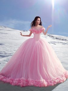 Off the Shoulder Rose Pink Sweet 16 Quinceanera Dress Tulle Court Train Cap Sleeves Hand Made Flower