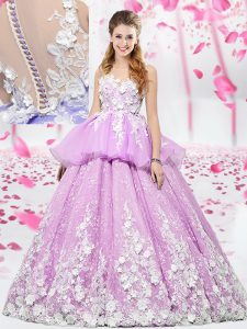 Glamorous Lilac Ball Gowns Scoop Sleeveless Organza and Tulle Floor Length Lace Up Lace and Appliques Sweet 16 Dress