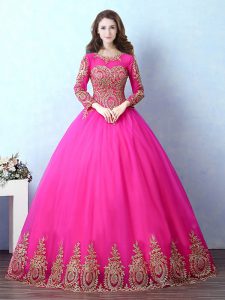 Scoop Long Sleeves Lace Up Quinceanera Gown Fuchsia Tulle