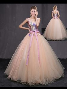 Modern Peach Sweet 16 Dress Military Ball and Sweet 16 and Quinceanera and For with Appliques and Belt V-neck Sleeveless
