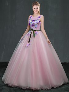 Scoop Pink Sleeveless Appliques Floor Length 15th Birthday Dress
