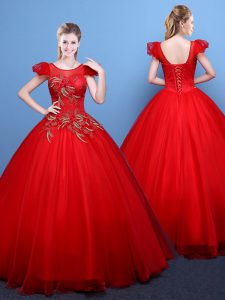 Cheap Scoop Appliques Vestidos de Quinceanera Red Lace Up Short Sleeves Floor Length