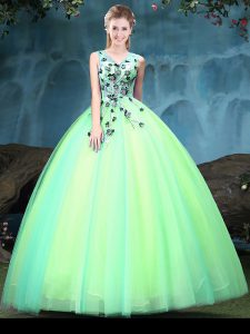 Multi-color Tulle Lace Up V-neck Sleeveless Floor Length Ball Gown Prom Dress Appliques