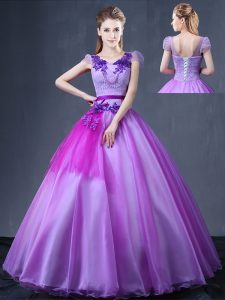 V-neck Short Sleeves Quince Ball Gowns Floor Length Lace and Appliques Lavender Organza
