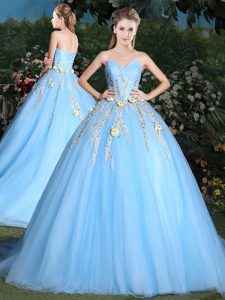 Admirable Brush Train Ball Gowns 15 Quinceanera Dress Light Blue Sweetheart Tulle Sleeveless Lace Up