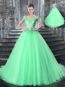 Apple Green Lace Up Straps Beading and Appliques Quinceanera Gown Tulle Sleeveless Brush Train