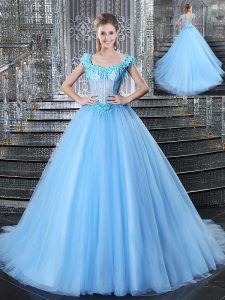 Beauteous Straps Sleeveless Tulle Quinceanera Gowns Beading and Appliques Brush Train Lace Up