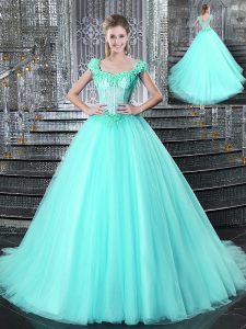 Dynamic Straps Sleeveless Tulle Quinceanera Gown Beading and Appliques Brush Train Lace Up