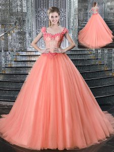 Straps Tulle Sleeveless With Train Ball Gown Prom Dress Brush Train and Beading