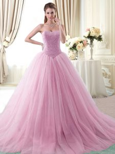 Fabulous Rose Pink Sleeveless Brush Train Beading With Train 15 Quinceanera Dress