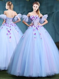 Fitting Lavender Ball Gowns Sweetheart Sleeveless Tulle Floor Length Lace Up Appliques Quinceanera Gowns