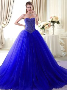 Fancy Royal Blue Lace Up Sweet 16 Dresses Beading Sleeveless With Brush Train